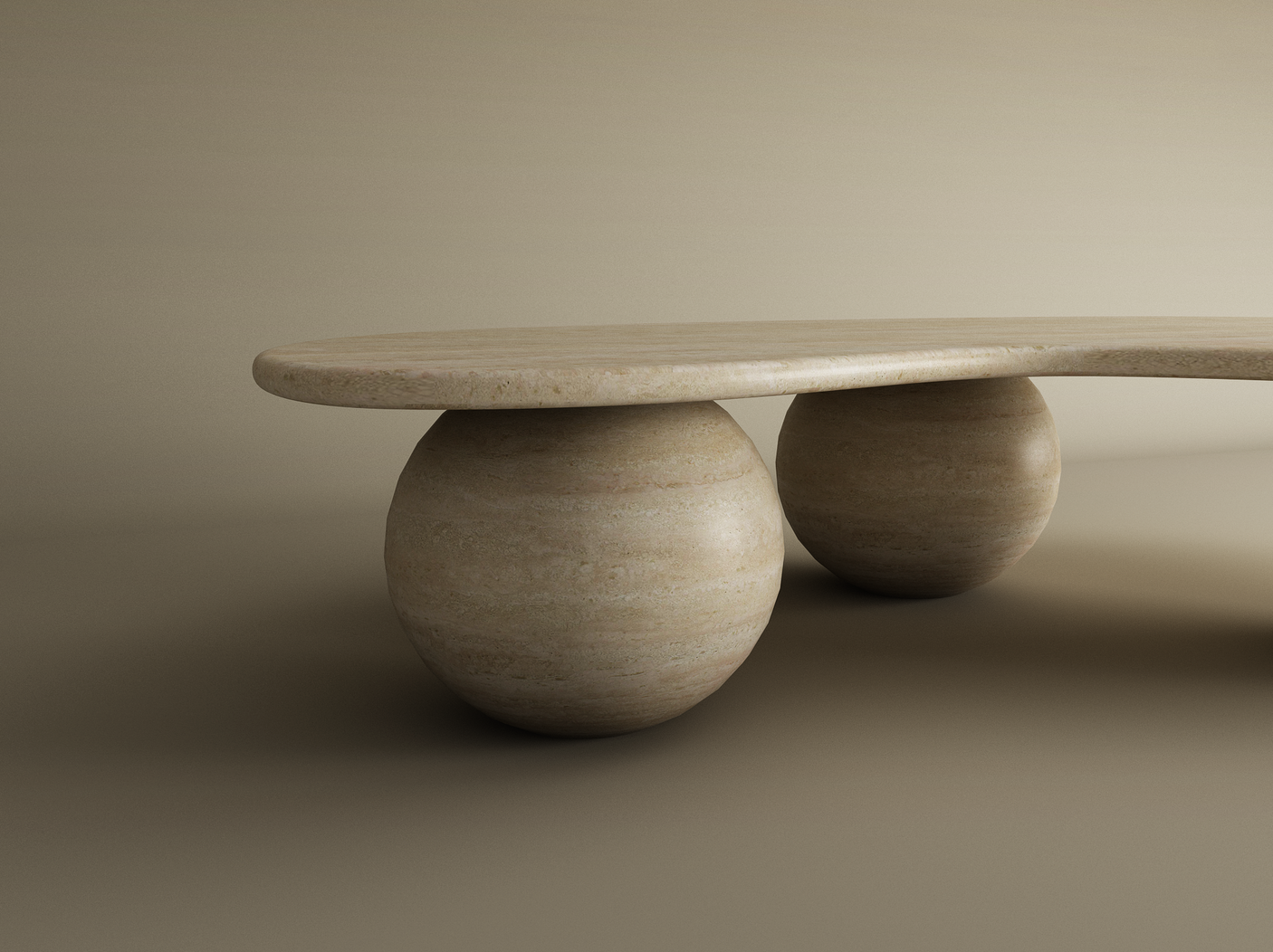 The Wavy Travertine Coffee Table with Stone Ball Base by TRAVERTABLE features a rounded rectangular beige top resting on smooth stone spheres, showcasing an organic, sculptural design in minimalist tones. Customizable for your space.