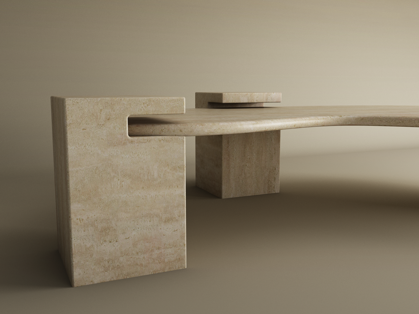 The Wavy Travertine Coffee Table with Square Base by TRAVERTABLE showcases modern, minimalist design in light beige stone, featuring sculptural lines and customizable options to complement a monochromatic décor.
