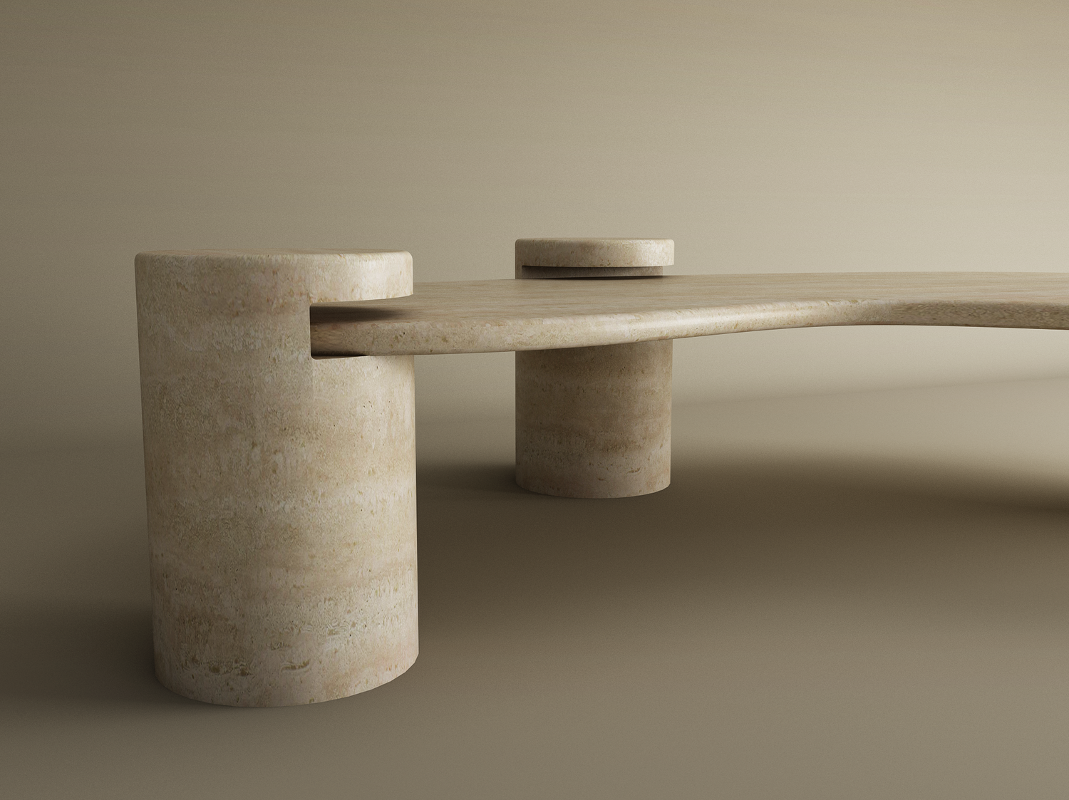 The Wavy Travertine Coffee Table with Cylindrical Base by TRAVERTABLE features sculptural curves and three thick cylindrical legs, with a gently curved top slotting into two larger legs. Neutral lighting highlights its minimalist, customizable design.