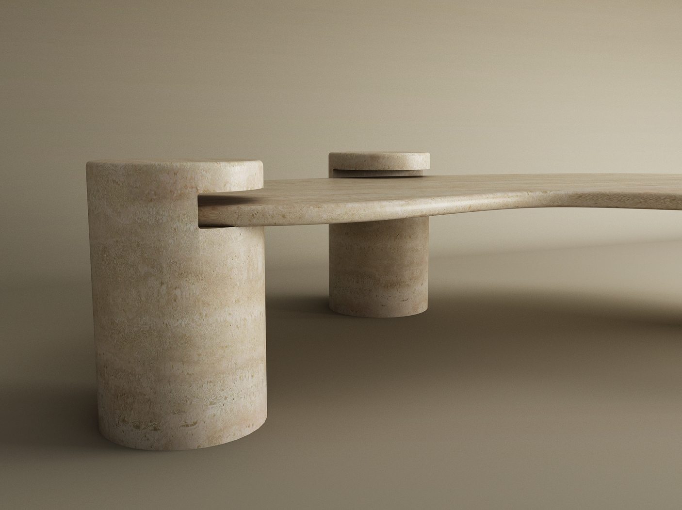 The Wavy Travertine Coffee Table with Cylindrical Base by TRAVERTABLE features sculptural curves and three thick cylindrical legs, with a gently curved top slotting into two larger legs. Neutral lighting highlights its minimalist, customizable design.