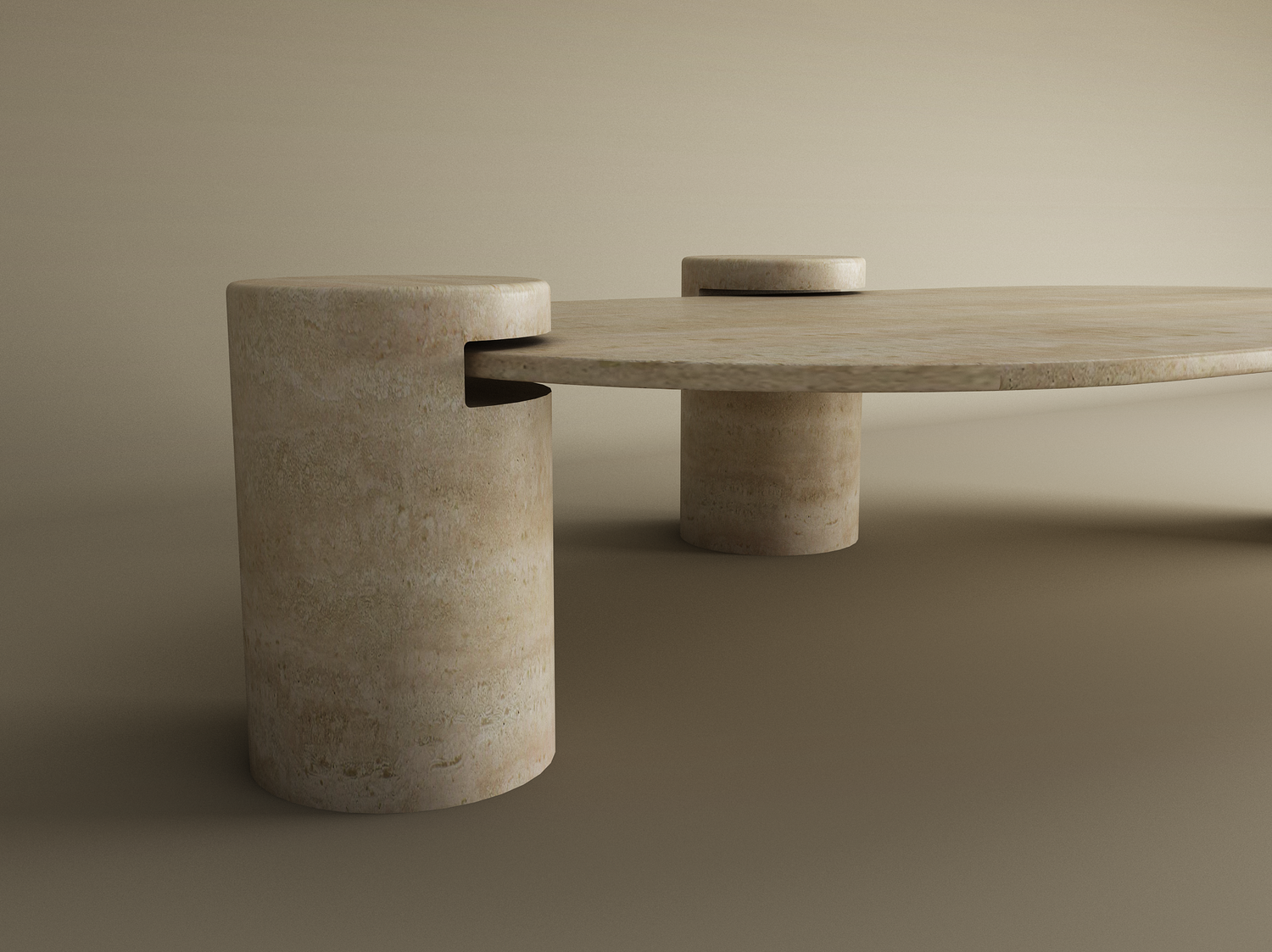 The TRAVERTABLE Oval Travertine Coffee Table features smooth organic lines, a thick stone top, and two cylindrical bases—one fully supporting the table while the other slots into the edge—showcasing sculptural appeal and a marble-like beige finish. Customizable design.