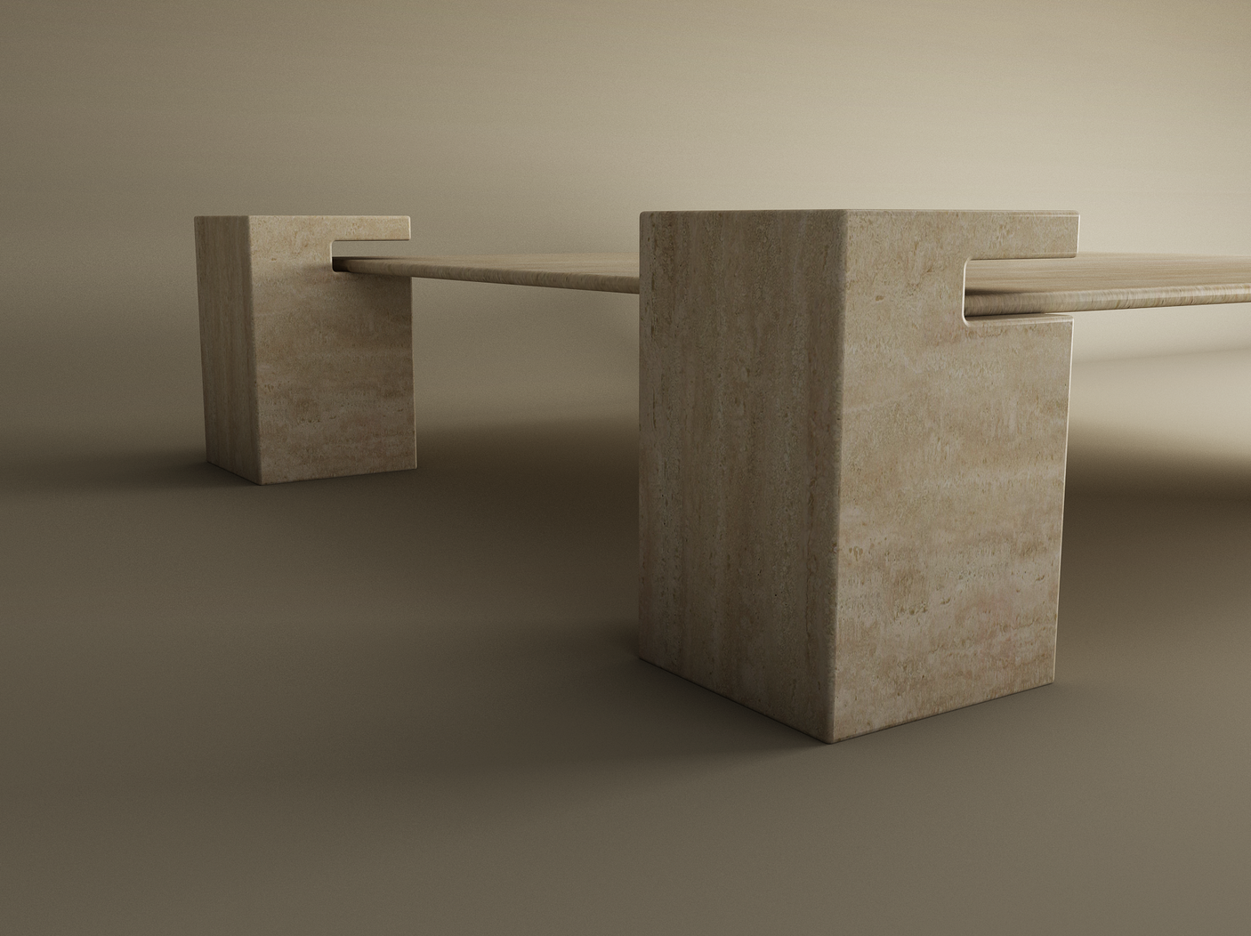 The TRAVERTABLE Square Travertine Coffee Table features a solid travertine top with two square bases and refined cutouts, showcasing a beige, marbled surface that glows under soft lighting—perfect for modern living spaces and fully customizable.