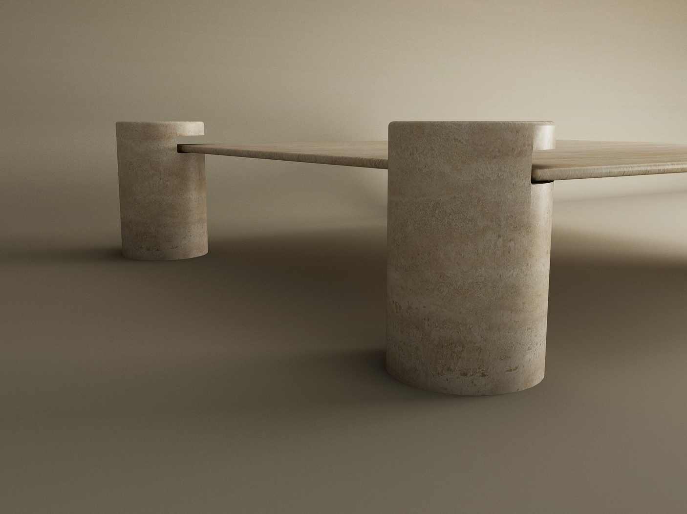 The TRAVERTABLE Square Travertine Coffee Table features a pure travertine stone top and sturdy cylindrical legs, offering customizable elegance that complements neutral spaces with a minimalist design.