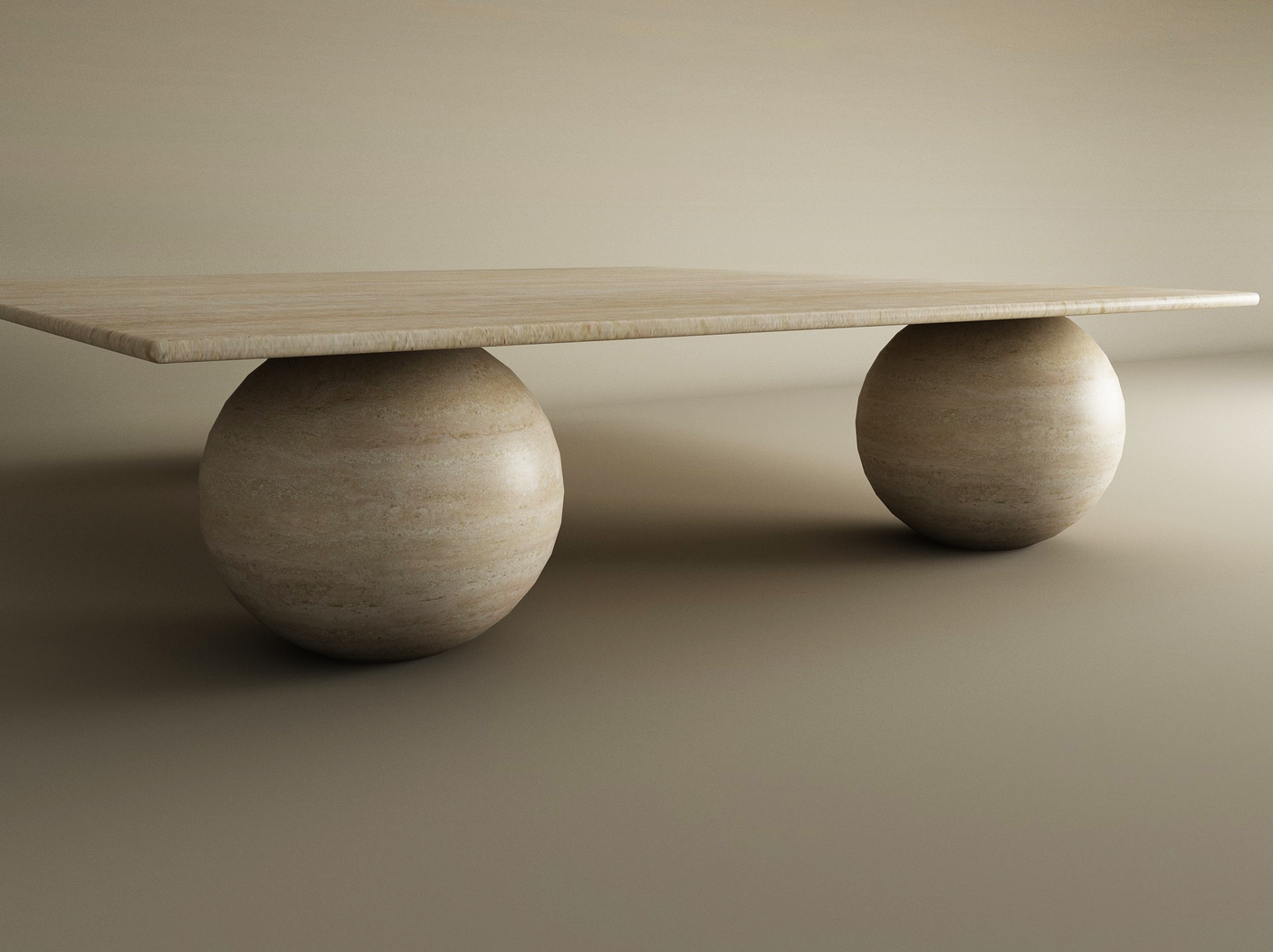 The TRAVERTABLE Square Travertine Coffee Table features a flat top and sculptural stone ball base, offering a smooth, minimalist look. Made from light travertine, this customizable piece brings an organic presence to any space.