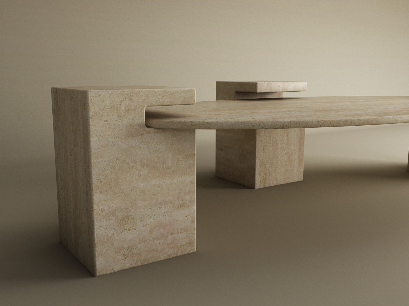 The Ellipse Travertine Coffee Table with Square Base by TRAVERTABLE features a thick stone top and dual notched block legs, showcasing modern geometric style against a plain backdrop. Customizable for a timeless look in Timeless Travertine.