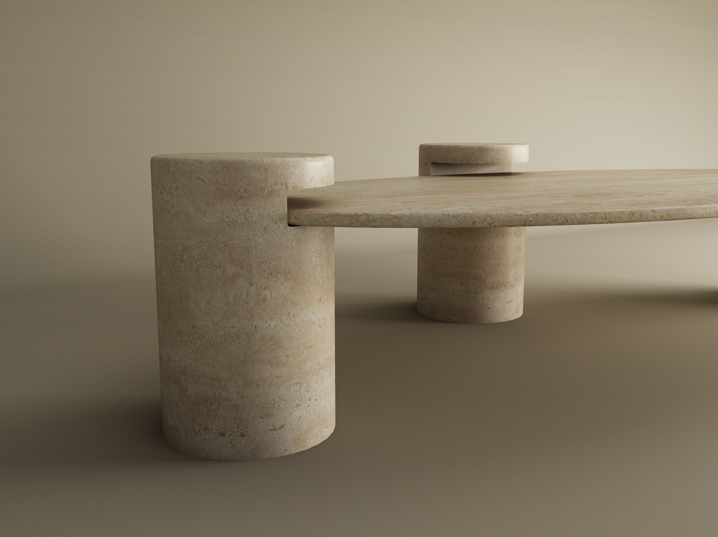 The TRAVERTABLE Ellipse Travertine Coffee Table features a smooth beige stone surface, cylindrical bases, and an organic minimalist design. Set against a neutral backdrop, its natural texture and customizable options are showcased in the close-up view.