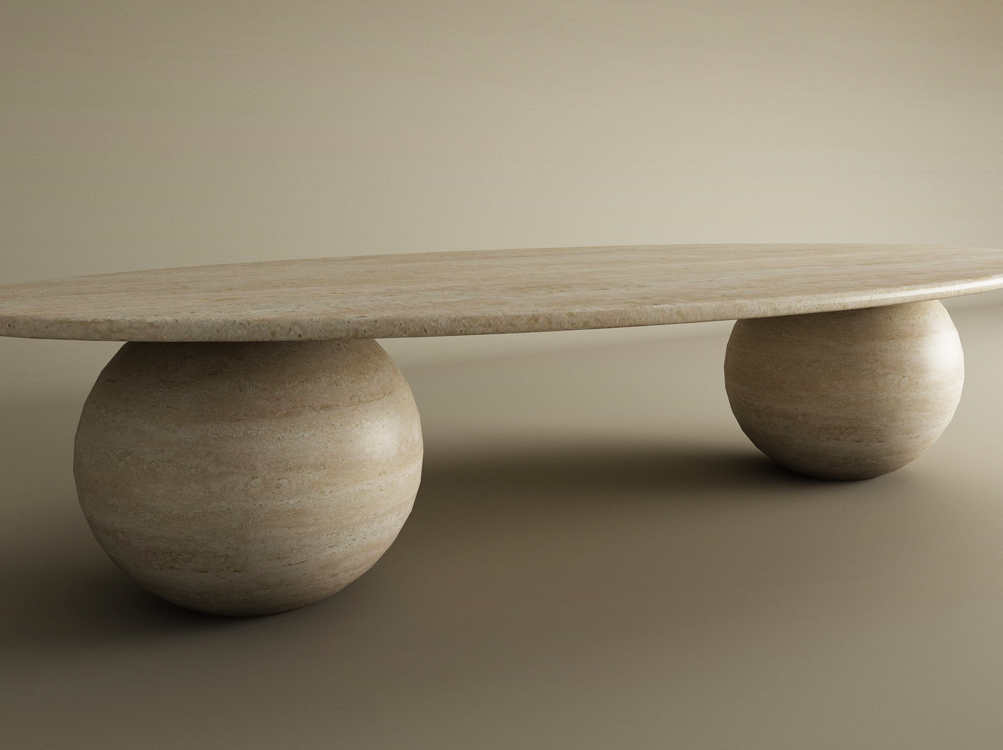 The TRAVERTABLE Ellipse Travertine Coffee Table features an oval top and sculptural stone ball base, offering a smooth, polished finish. Its minimalist design in beige travertine exudes organic energy and is customizable to suit your style.