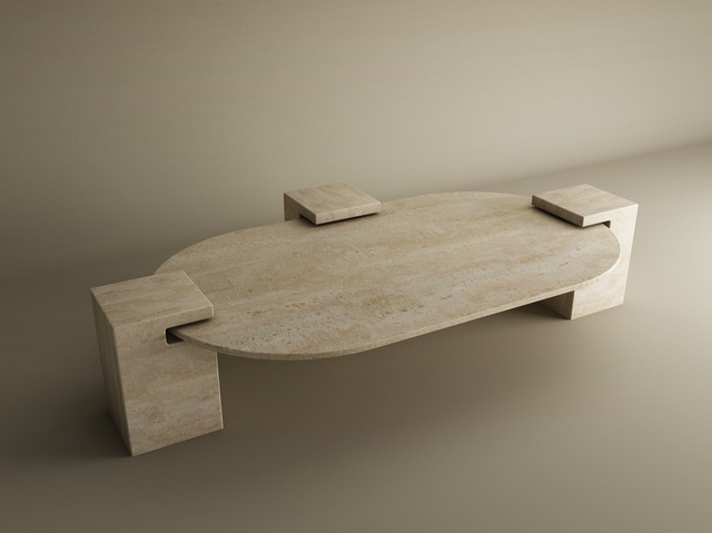 The Oval Travertine Coffee Table with Square Base by TRAVERTABLE features a light beige, marble-like surface and four square legs, infusing understated elegance and natural warmth into modern spaces. Customizable for your unique style.