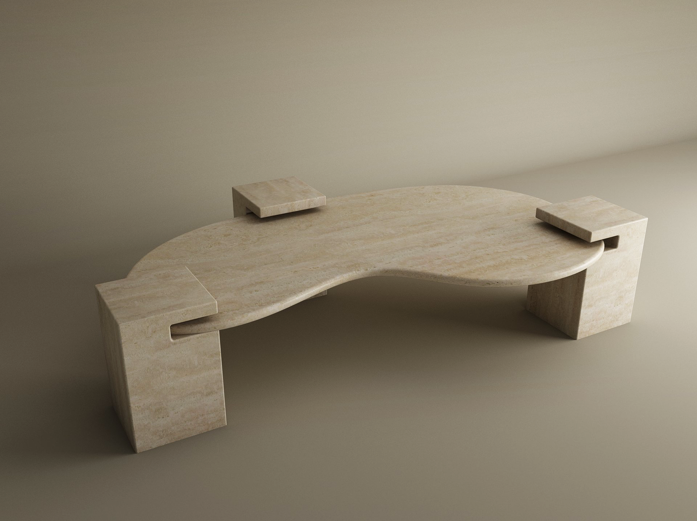 The Wavy Travertine Coffee Table with Square Base by TRAVERTABLE features a modern kidney-shaped top, four block legs in corner cutouts, and a polished finish that highlights its sculptural beauty—a customizable centerpiece for contemporary spaces.