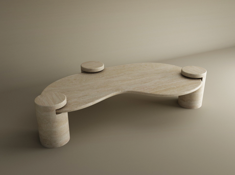The TRAVERTABLE Wavy Travertine Coffee Table with Cylindrical Base – Organic Flow showcases a modern, kidney-shaped beige top, sculptural curves, three thick cylinder legs extending above the table, and sits on a smooth neutral-toned floor.