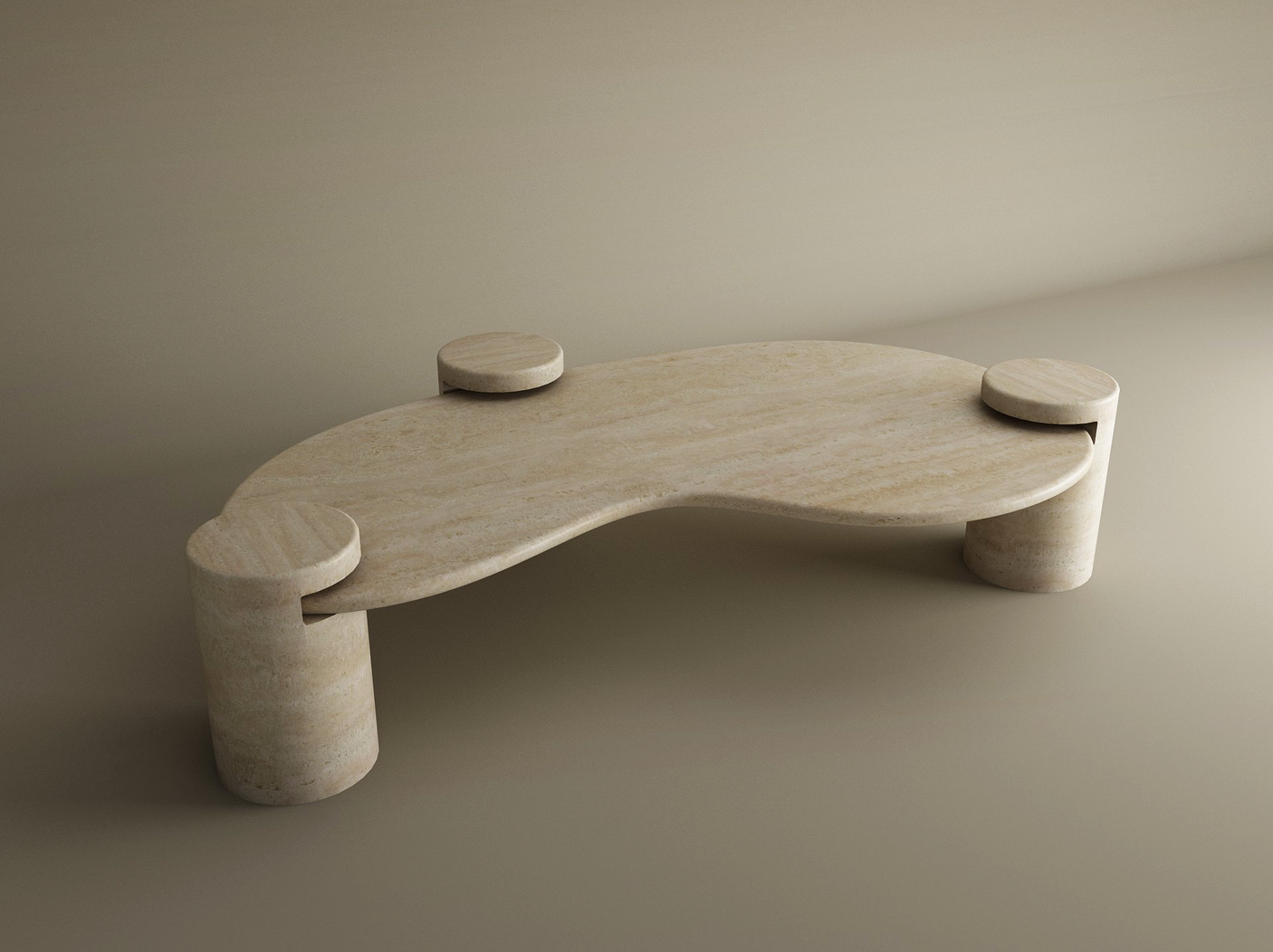 The TRAVERTABLE Wavy Travertine Coffee Table with Cylindrical Base – Organic Flow showcases a modern, kidney-shaped beige top, sculptural curves, three thick cylinder legs extending above the table, and sits on a smooth neutral-toned floor.