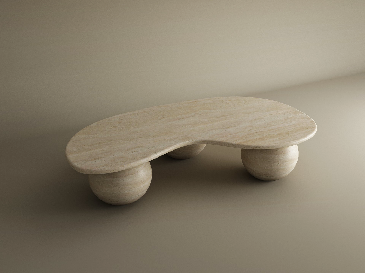 The TRAVERTABLE Wavy Travertine Coffee Table with Stone Ball Base features a customizable, beige, organic design with soft curves and rounded legs, giving this modern sculpture a minimalist appeal and enhanced texture.