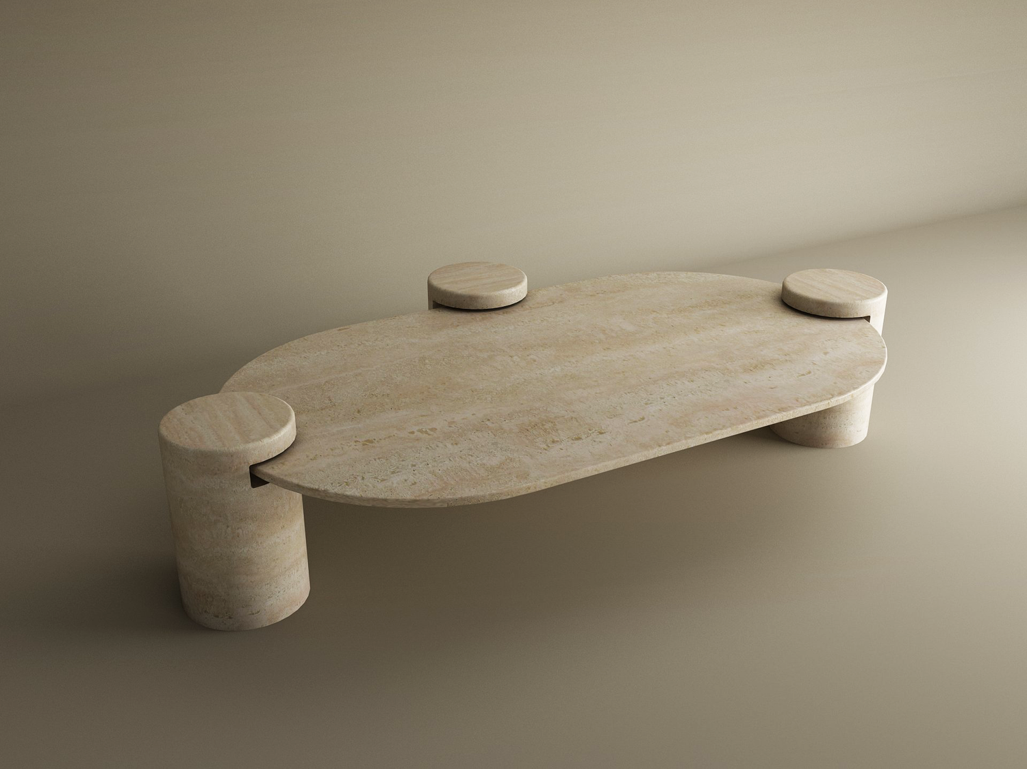 The TRAVERTABLE Oval Travertine Coffee Table features smooth organic lines and a cylindrical base, crafted from light beige stone with minimalist curves. Its customizable design suits neutral, uncluttered spaces.