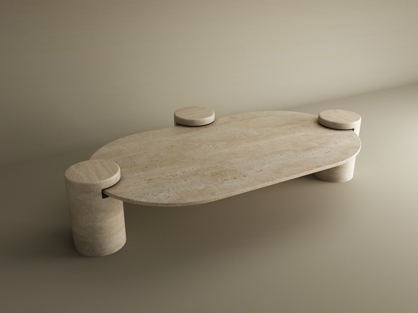 The TRAVERTABLE Oval Travertine Coffee Table features smooth organic lines and a cylindrical base, crafted from light beige stone with minimalist curves. Its customizable design suits neutral, uncluttered spaces.