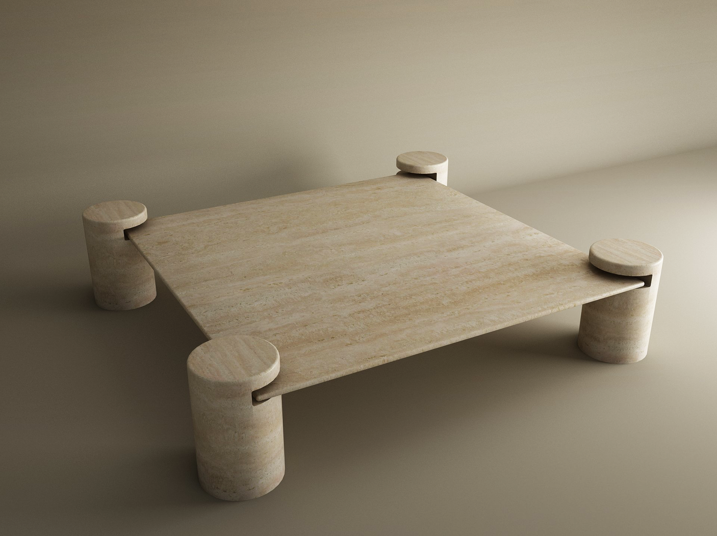 The Square Travertine Coffee Table by TRAVERTABLE features four offset cylindrical legs and a polished surface, blending minimalist elegance with brutalist inspiration. Crafted from pure travertine stone, this customizable piece is a modern statement.