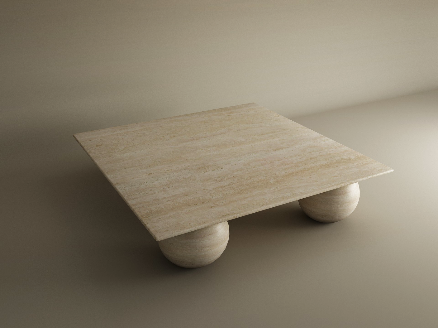 The Square Travertine Coffee Table with Stone Ball Base by TRAVERTABLE features a flat top and sculptural stone ball bases. Its minimalist design and neutral tones bring an organic, modern look to any space. Customizable for your needs.