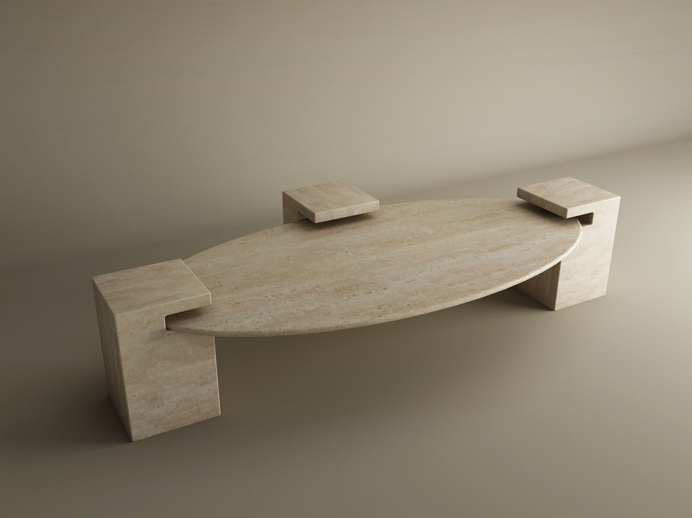 The TRAVERTABLE Ellipse Travertine Coffee Table with Square Base features a modern, minimalist design and timeless style, with an oval travertine top supported by three square legs—perfect against a light, neutral backdrop. Customizable for your space.