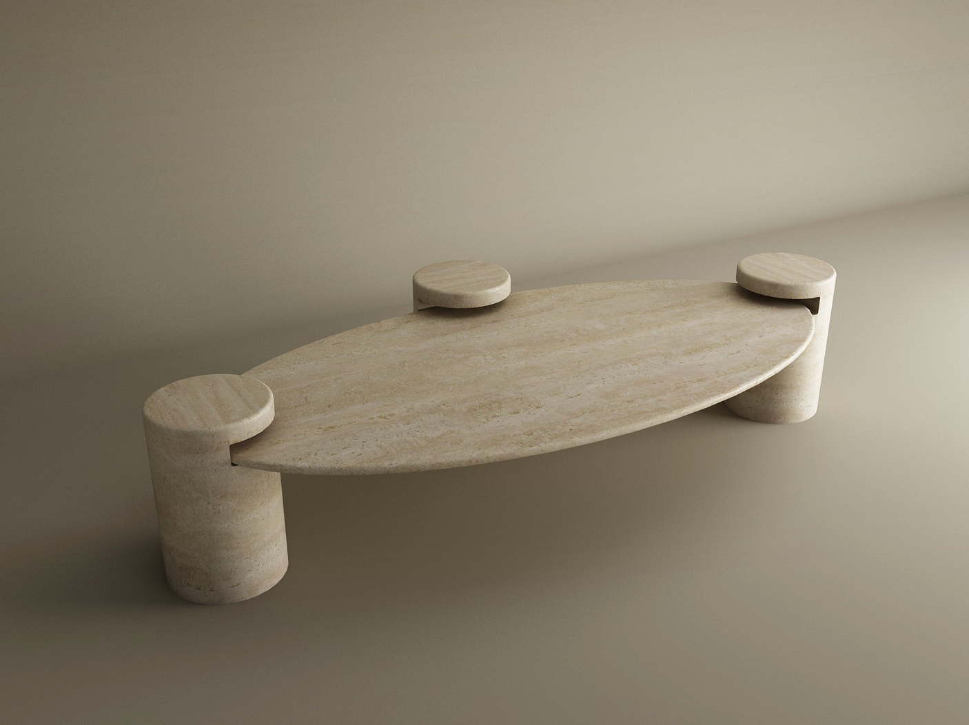 The TRAVERTABLE Ellipse Travertine Coffee Table with Cylindrical Base features a soft organic form and smooth texture, shown on a beige background that highlights its modern, geometric design. Customizable for your space.