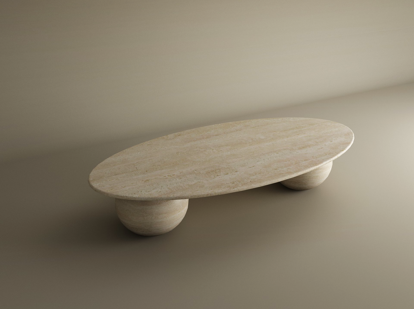 The Ellipse Travertine Coffee Table with Stone Ball Base by TRAVERTABLE features sculptural stone bases and a smooth light beige finish, offering a modern, customizable centerpiece for minimalist interiors.