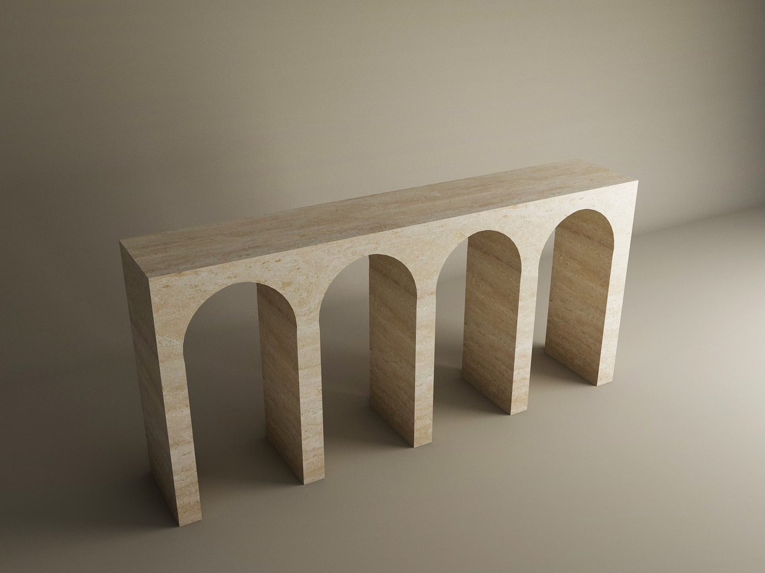 The TRAVERTABLE Travertine Console Table with Four Arches is a beige, rectangular architectural stone piece featuring four arch-shaped legs, showcasing refined craftsmanship and natural stone aesthetics. Customization available.