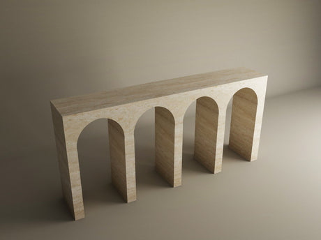 The TRAVERTABLE Travertine Console Table with Four Arches is a beige, rectangular architectural stone piece featuring four arch-shaped legs, showcasing refined craftsmanship and natural stone aesthetics. Customization available.