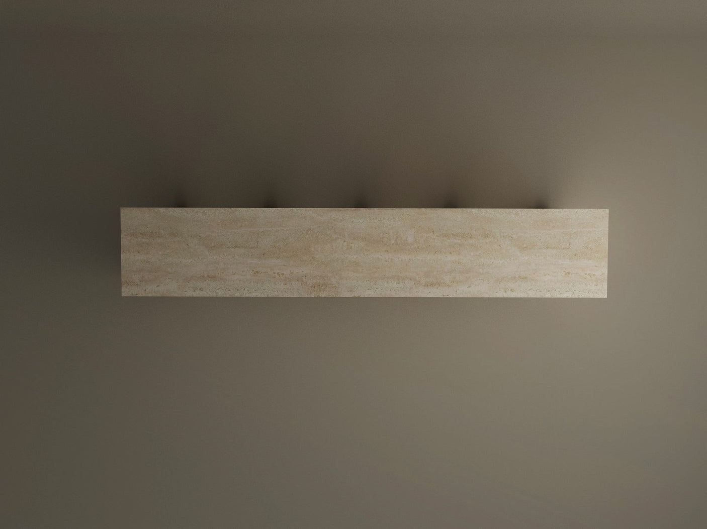 A TRAVERTABLE Travertine Console Table with Four Arches is mounted horizontally on a neutral wall and viewed from above, its beige marble surface casting subtle shadows in an architectural, customizable design.