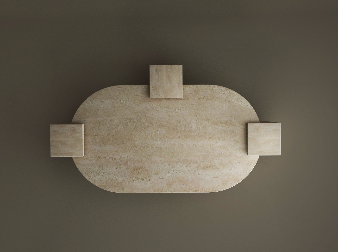 An overhead view shows the TRAVERTABLE Oval Travertine Coffee Table with Square Base – Understated Elegance – and three matching stools on three sides, exuding warmth and style against a plain dark background. Customizable to your space.