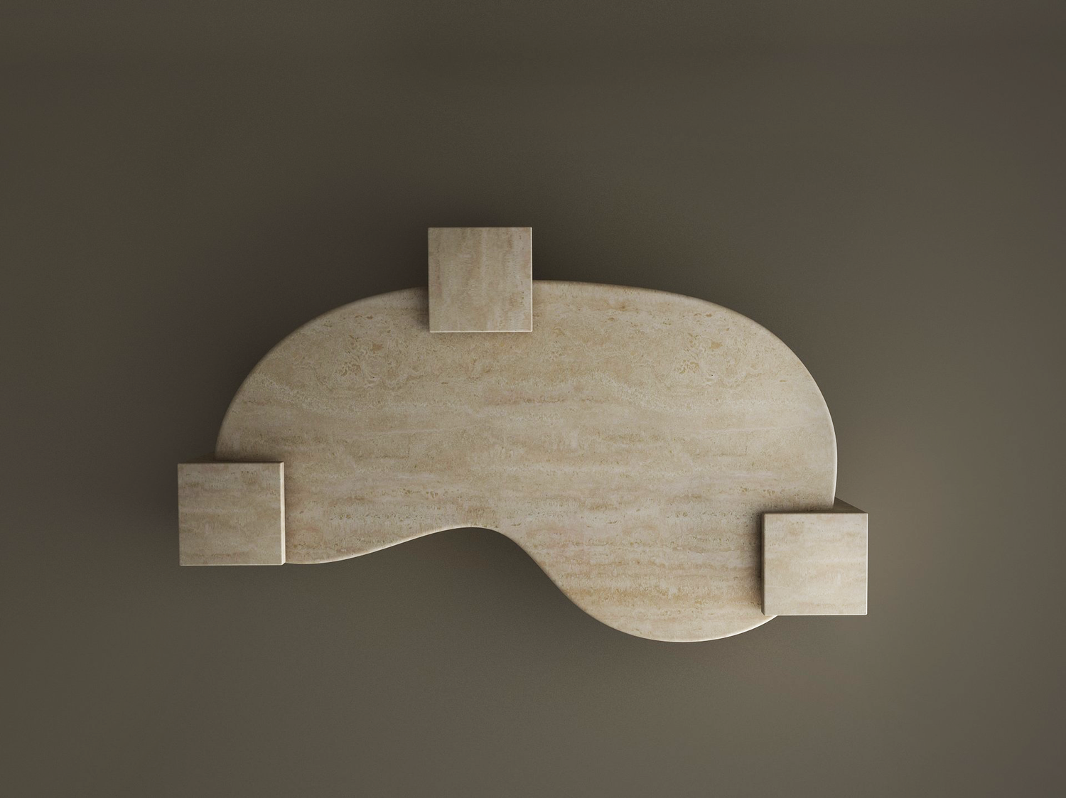 The Wavy Travertine Coffee Table with Square Base by TRAVERTABLE features a smooth, stone-like surface and three block legs. Its solid, muted brown backdrop highlights the table’s sculptural, modern design. Customizable to fit your space.