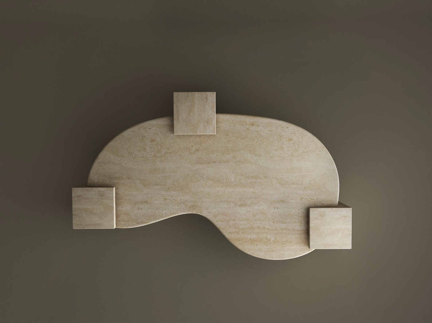 The Wavy Travertine Coffee Table with Square Base by TRAVERTABLE features a smooth, stone-like surface and three block legs. Its solid, muted brown backdrop highlights the table’s sculptural, modern design. Customizable to fit your space.