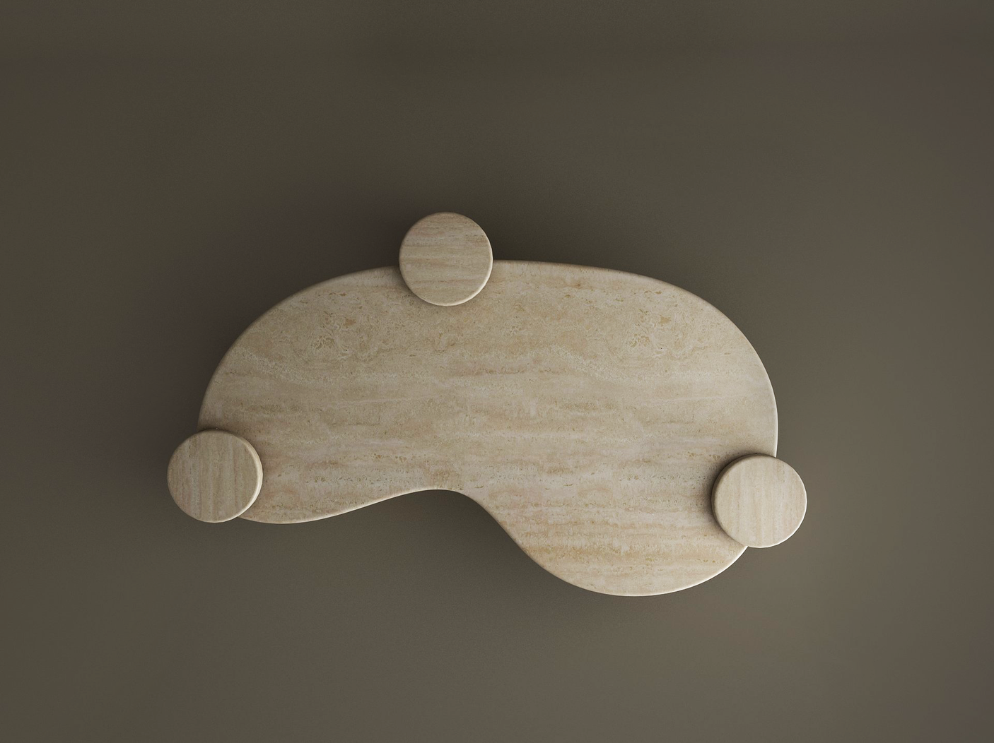 The TRAVERTABLE Wavy Travertine Coffee Table with Cylindrical Base—Organic Flow—is shown from above with three matching circular stone coasters, highlighting its sculptural curves and minimalist, organic form.