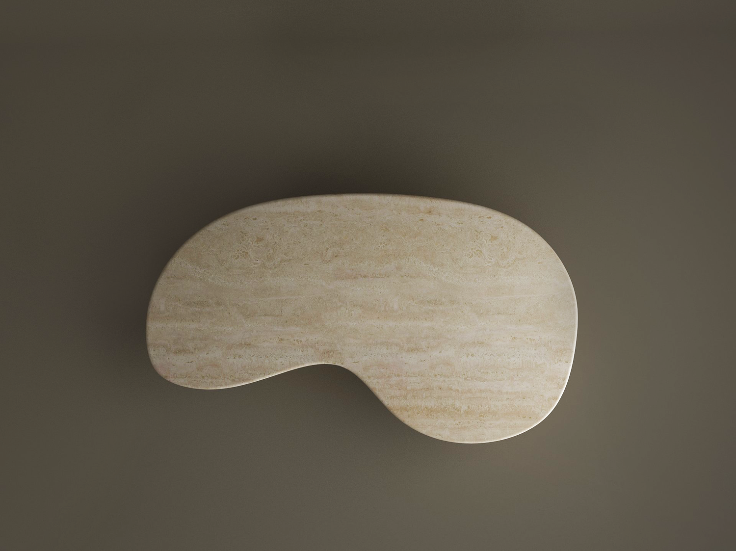 The TRAVERTABLE Wavy Travertine Coffee Table with Stone Ball Base features a beige, kidney-shaped top with natural veins, creating an organic sculpture look and sleek, minimalist style against a dark taupe background. Customizable to suit your space.