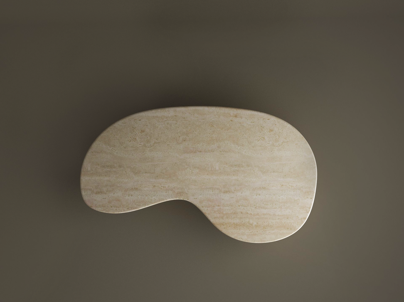 The TRAVERTABLE Wavy Travertine Coffee Table with Stone Ball Base features a beige, kidney-shaped top with natural veins, creating an organic sculpture look and sleek, minimalist style against a dark taupe background. Customizable to suit your space.