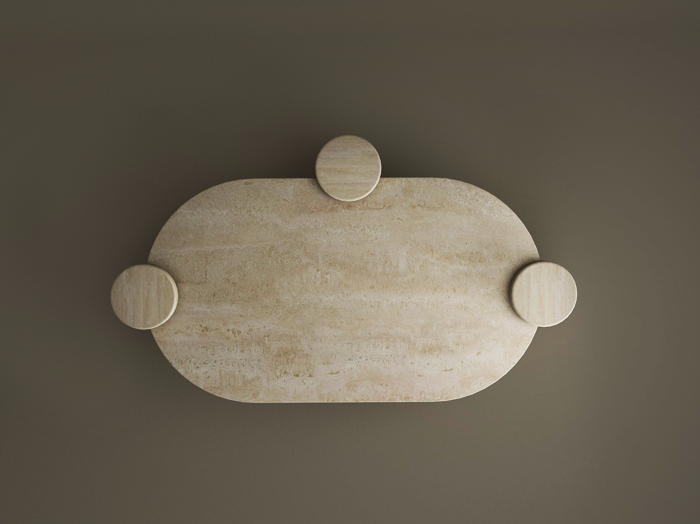 The TRAVERTABLE Oval Travertine Coffee Table with Cylindrical Base features smooth organic lines and a customizable beige stone slab. Three round accents and soft lighting emphasize its minimalist, textured design, all by the trusted brand TRAVERTABLE.