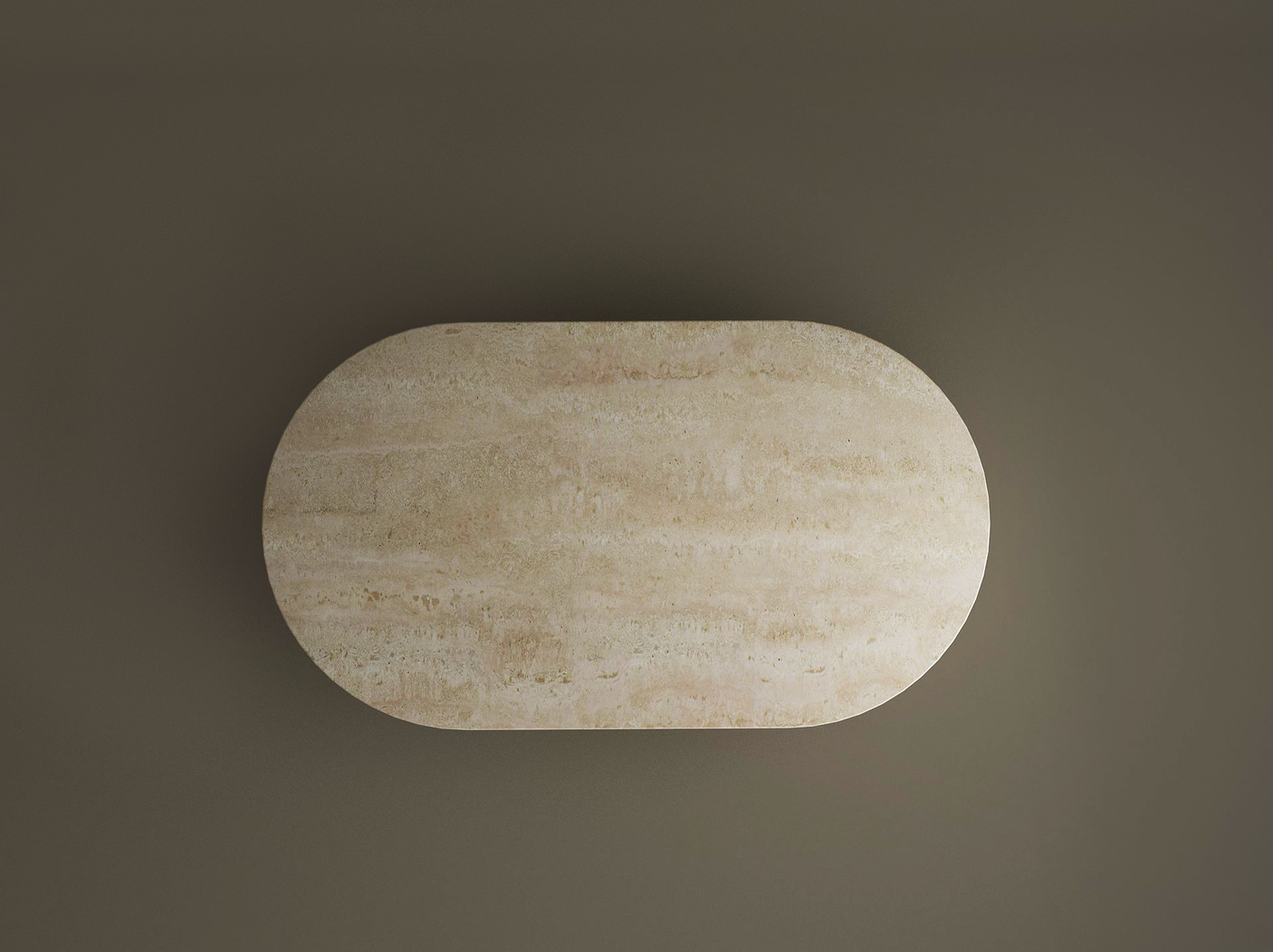 A smooth, beige, oval TRAVERTABLE Oval Travertine Coffee Table with Stone Ball Base sits centered on a dark olive background, showcasing subtle striations and organic minimalist design. Artistic Travertine—customizable elegance and fine craftsmanship.