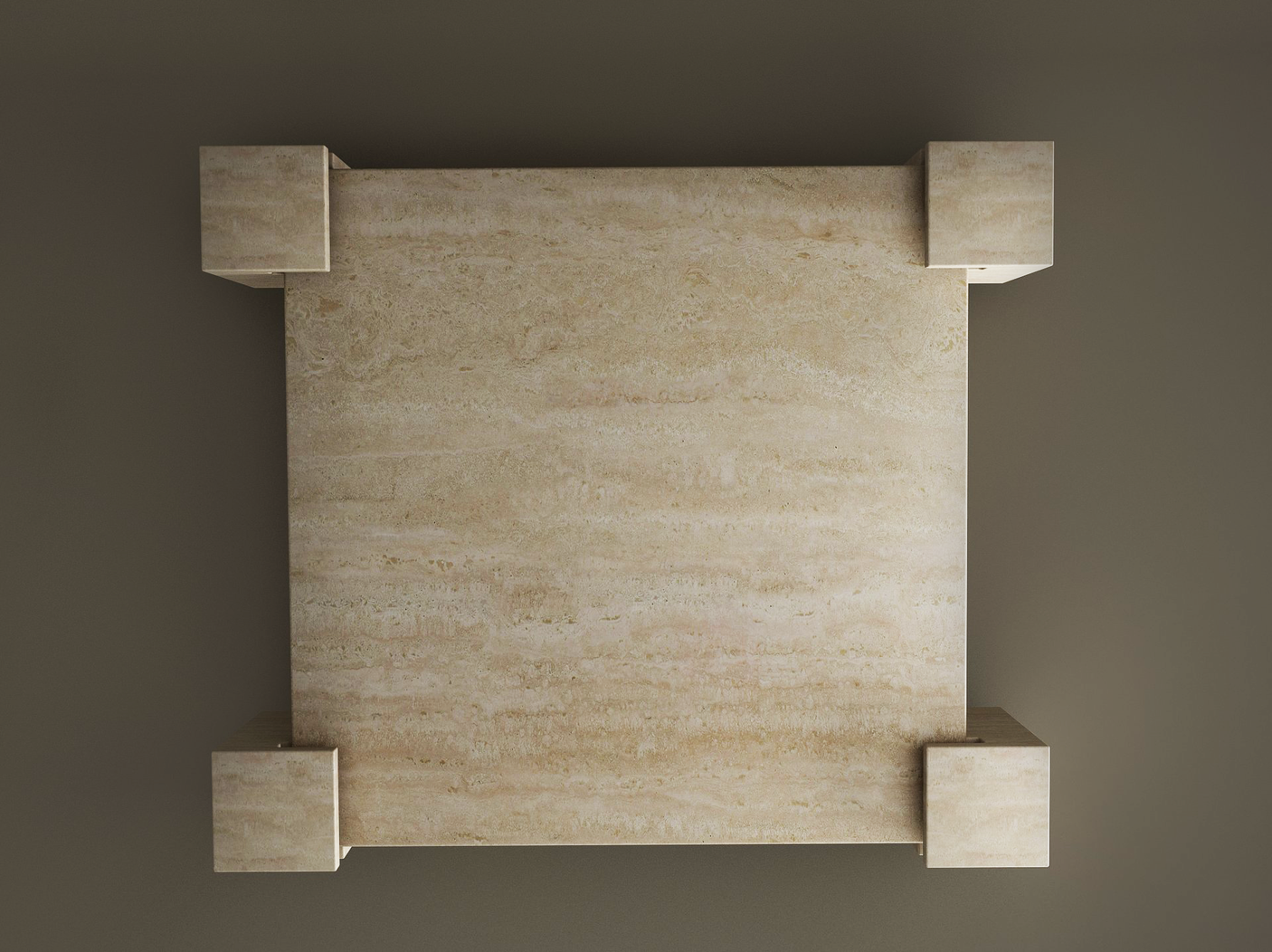 The Square Travertine Coffee Table with Square Base by TRAVERTABLE showcases a flat, beige travertine surface with natural patterns and thick square legs, offering solid, customizable elegance ideal for modern living spaces against a dark background.