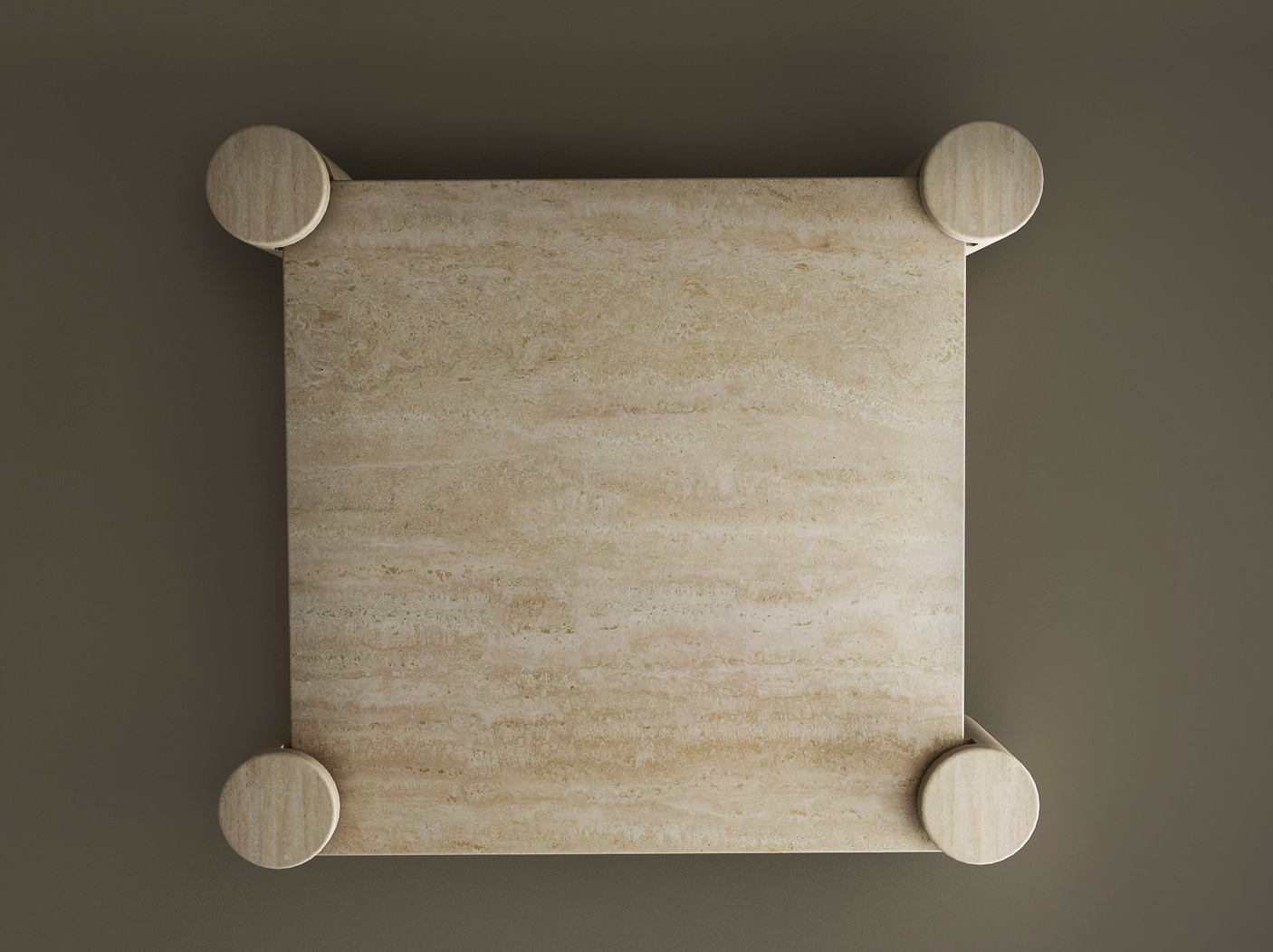 The TRAVERTABLE Square Travertine Coffee Table features a pure travertine stone tabletop with natural patterns and cylindrical legs, offering modern elegance and customization for your space.