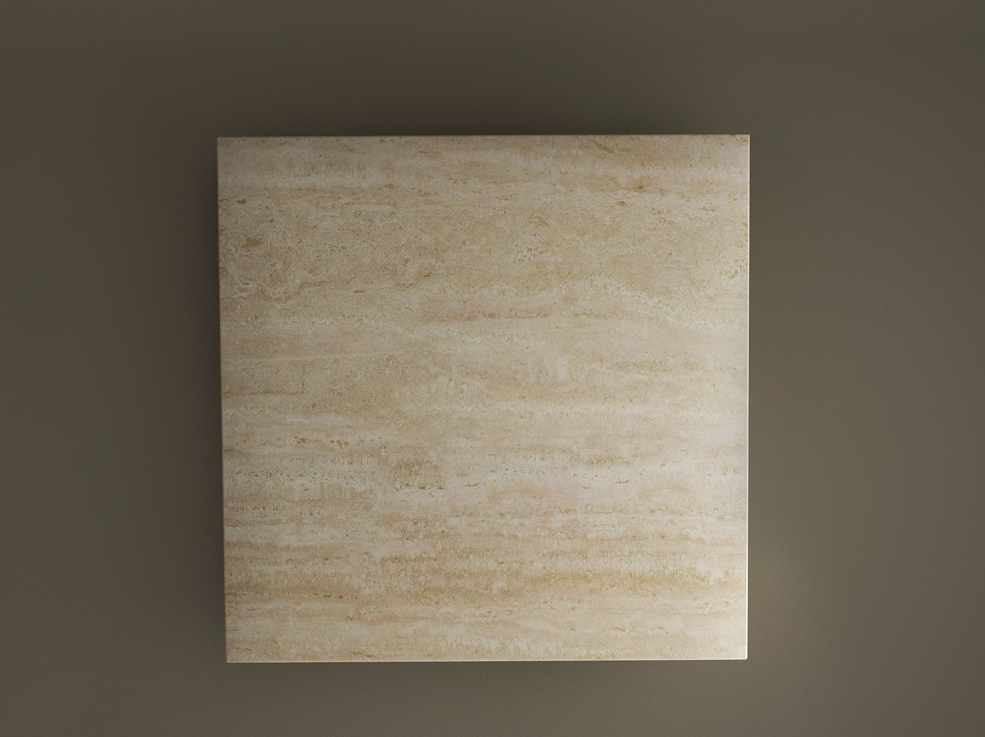 The Square Travertine Coffee Table with Stone Ball Base by TRAVERTABLE features a sculptural travertine top with natural veining, its polished surface softly reflecting light—bringing an organic, artful presence to your space.