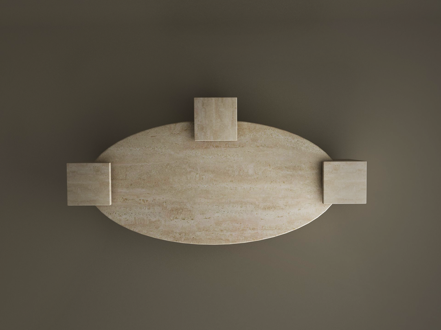 A top-down view of the TRAVERTABLE Ellipse Travertine Coffee Table with Square Base – Timeless Travertine – Customizable, shown with three matching stools on a dark background, highlights its minimalistic, modern style and timeless appeal.