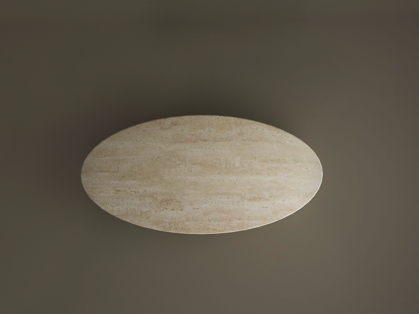 The TRAVERTABLE Ellipse Travertine Coffee Table with Stone Ball Base sits centered on a dark taupe background, its sculptural stone form and minimalist design emphasized by soft shadows and organic elegance.