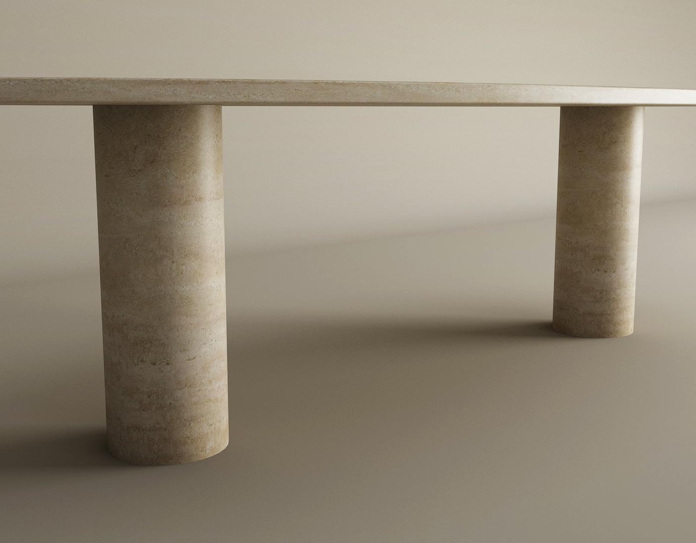 The Ellipse Travertine Coffee Table by TRAVERTABLE features a flat rectangular top and two solid cylindrical legs, crafted from organic travertine with natural veining. This customizable coffee table brings minimalist elegance to any neutral setting.