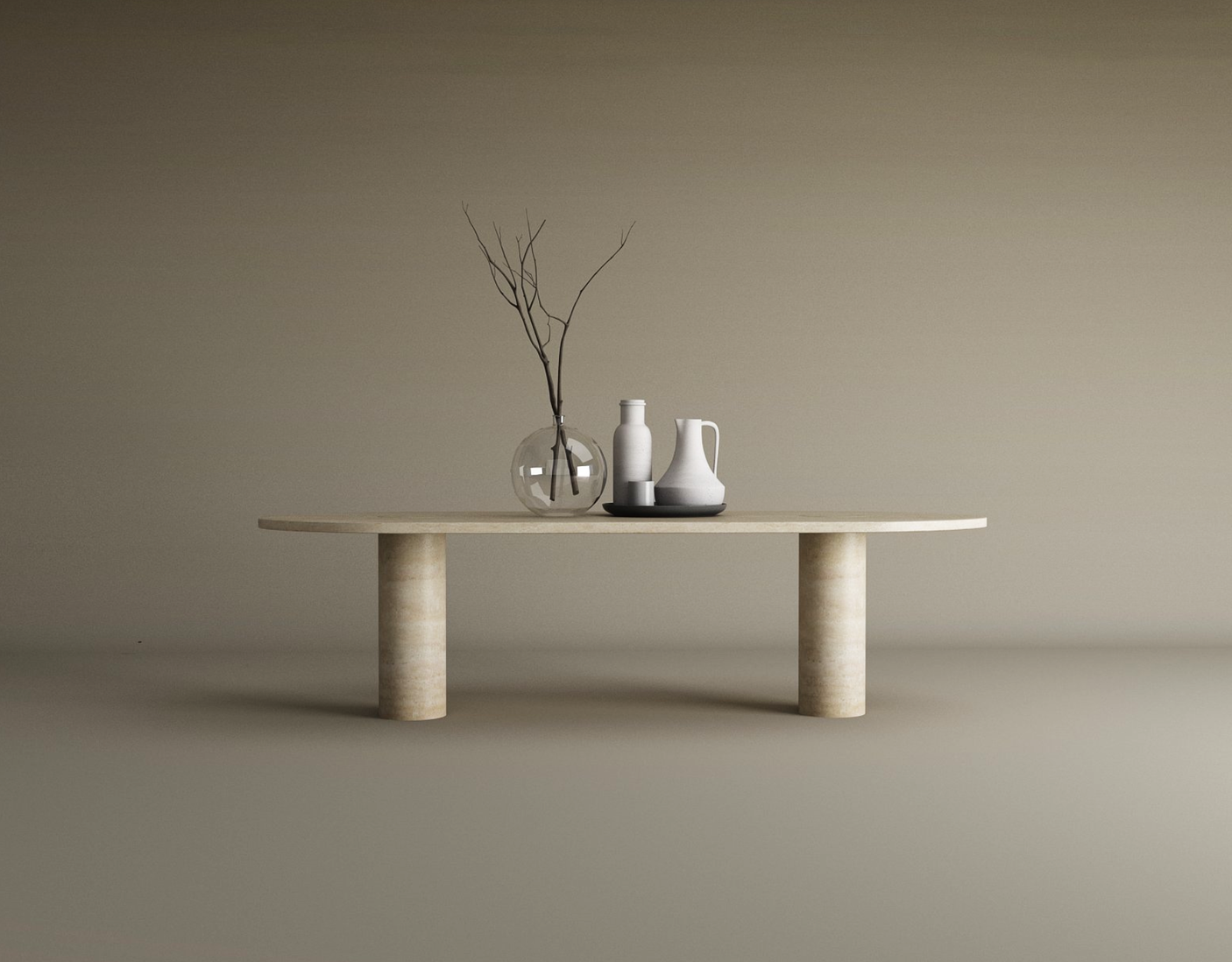 The TRAVERTABLE Oval Travertine Coffee Table, featuring a solid cylindrical base and warm veining, anchors the neutral setting with natural stone elegance. A clear vase with branches and ceramic vessels add minimalist charm to the beige background and floor.