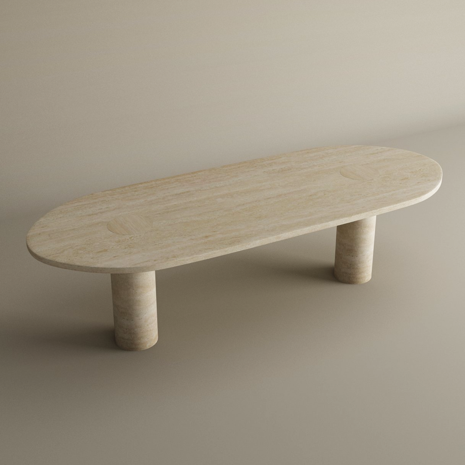 The TRAVERTABLE Oval Travertine Coffee Table features a light beige stone top with warm veining, smooth surface, and two solid cylindrical bases. This customizable coffee table combines minimalist design with natural stone beauty.