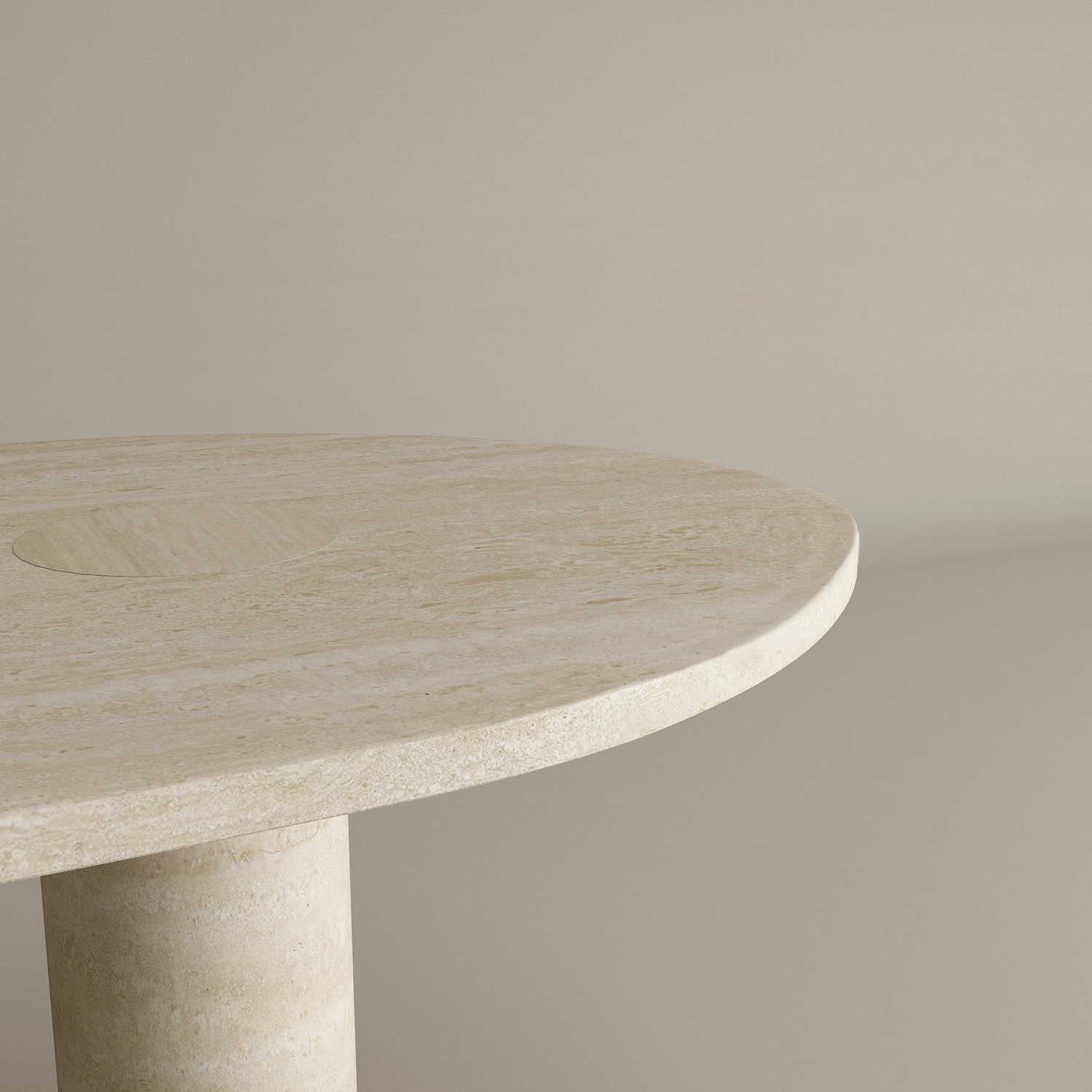 Close-up of the Oval Travertine Coffee Table with Solid Cylindrical Base by TRAVERTABLE, showing warm natural stone veining. Only part of this customizable table’s top and leg is visible, set against a beige background.