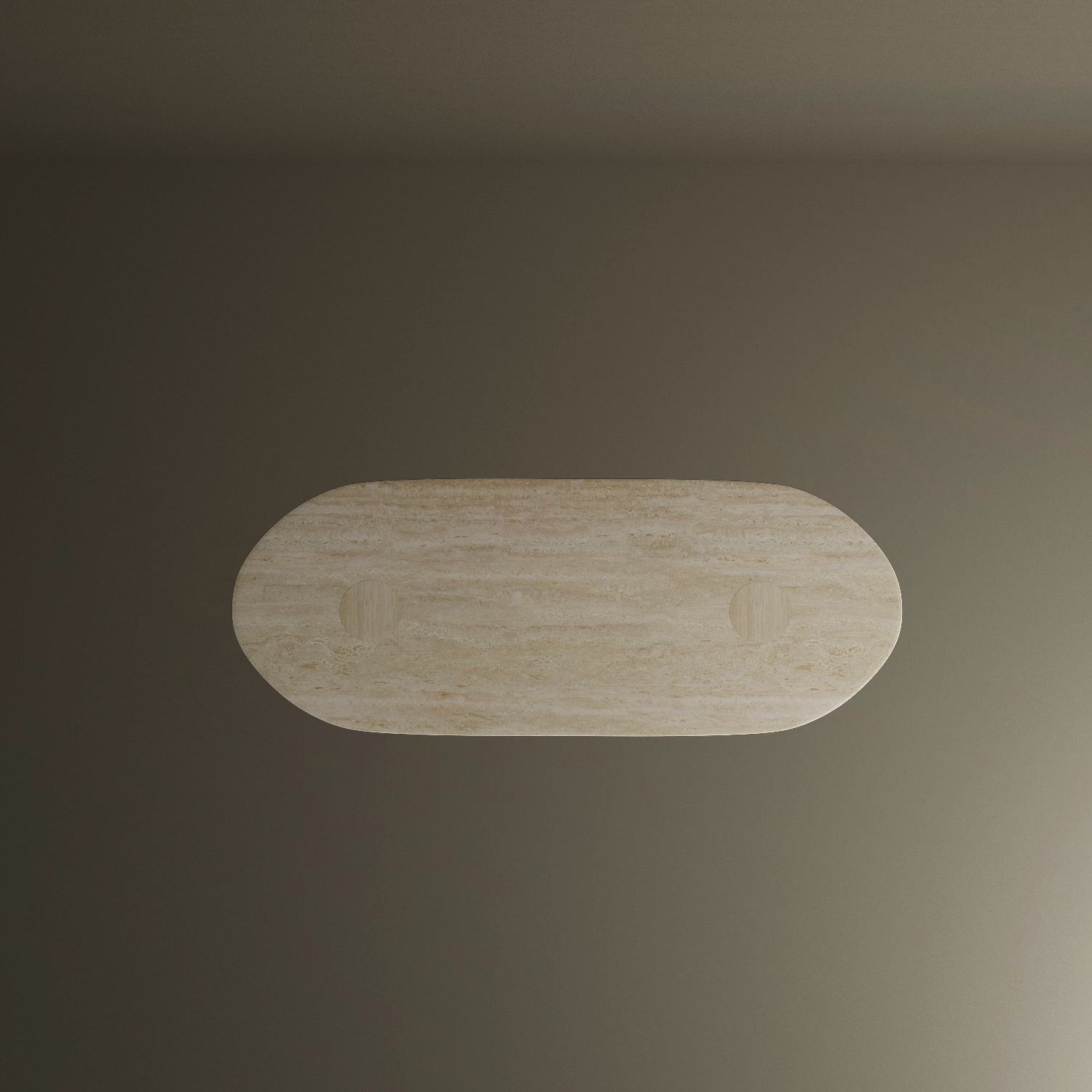 The TRAVERTABLE Oval Travertine Coffee Table with Solid Cylindrical Base—crafted from natural stone—is centered in a dimly lit room, its warm veining and elegant form viewed from above against a plain wall and floor.