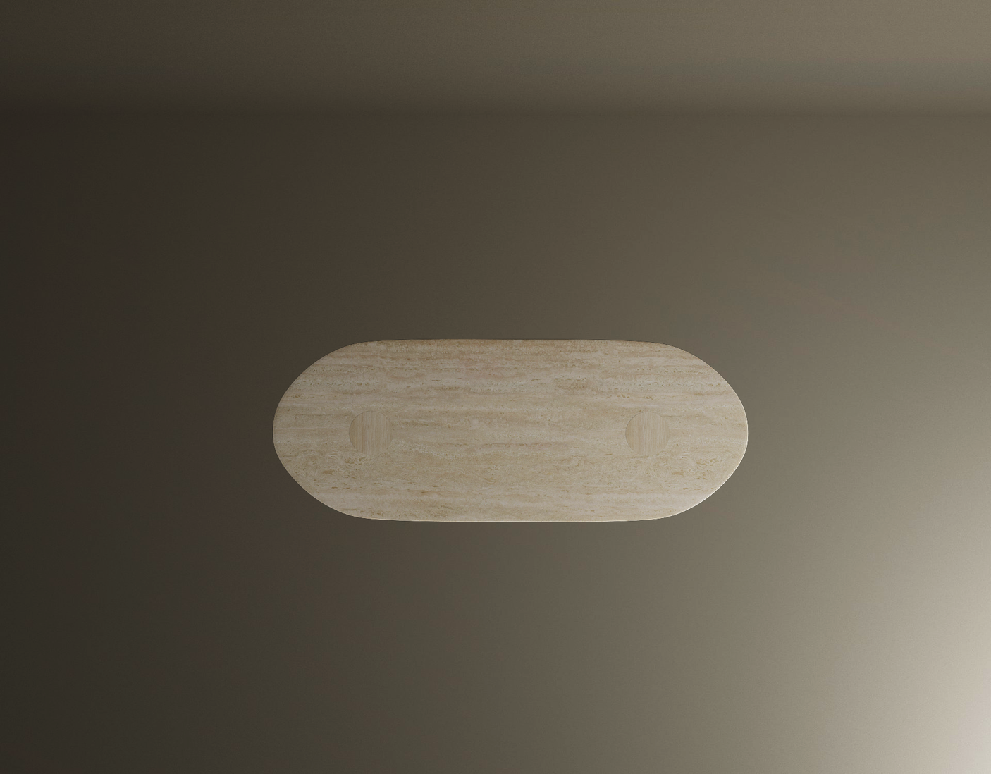 The TRAVERTABLE Oval Travertine Coffee Table with Solid Cylindrical Base—crafted from natural stone—is centered in a dimly lit room, its warm veining and elegant form viewed from above against a plain wall and floor.