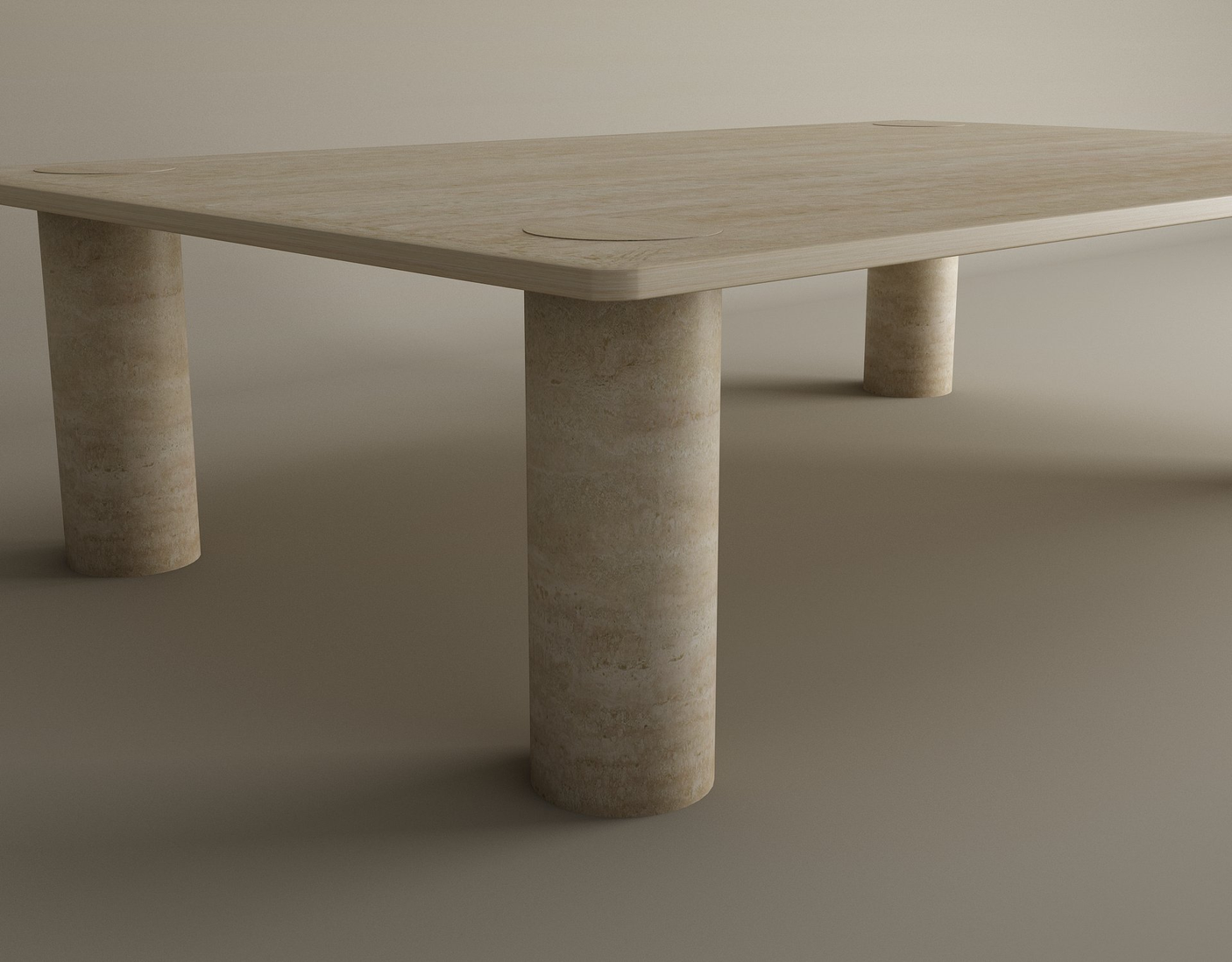 The TRAVERTABLE Rectangular Travertine Coffee Table features warm travertine stone, a marble-like light beige surface, and four solid cylindrical bases. Customizable to your style.