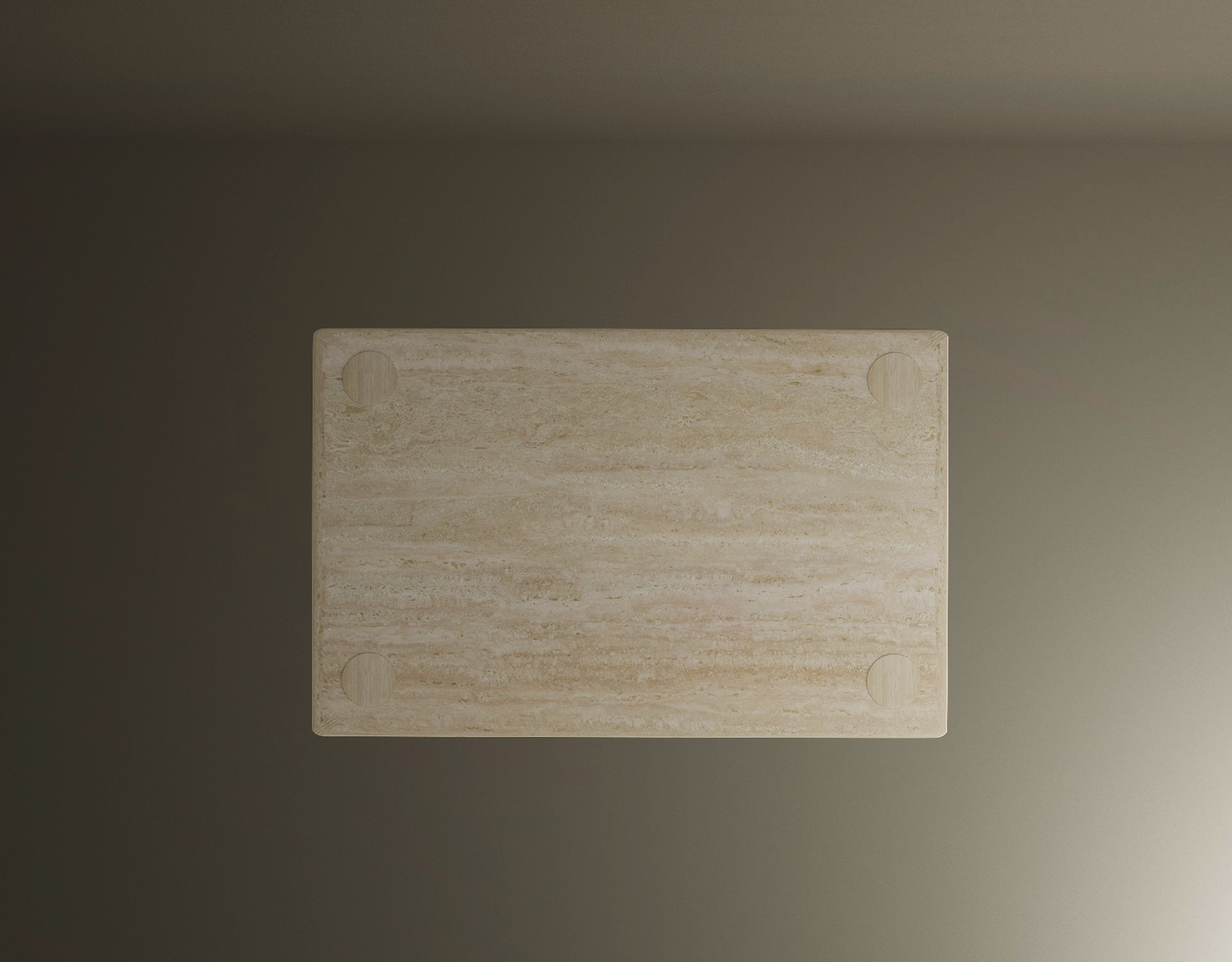 A rectangular, light-toned travertine slab with rounded corners and four circular indents sits atop a solid cylindrical base—TRAVERTABLEs Rectangular Travertine Coffee Table, customizable in warm travertine stone, photographed from above on a softly lit background.