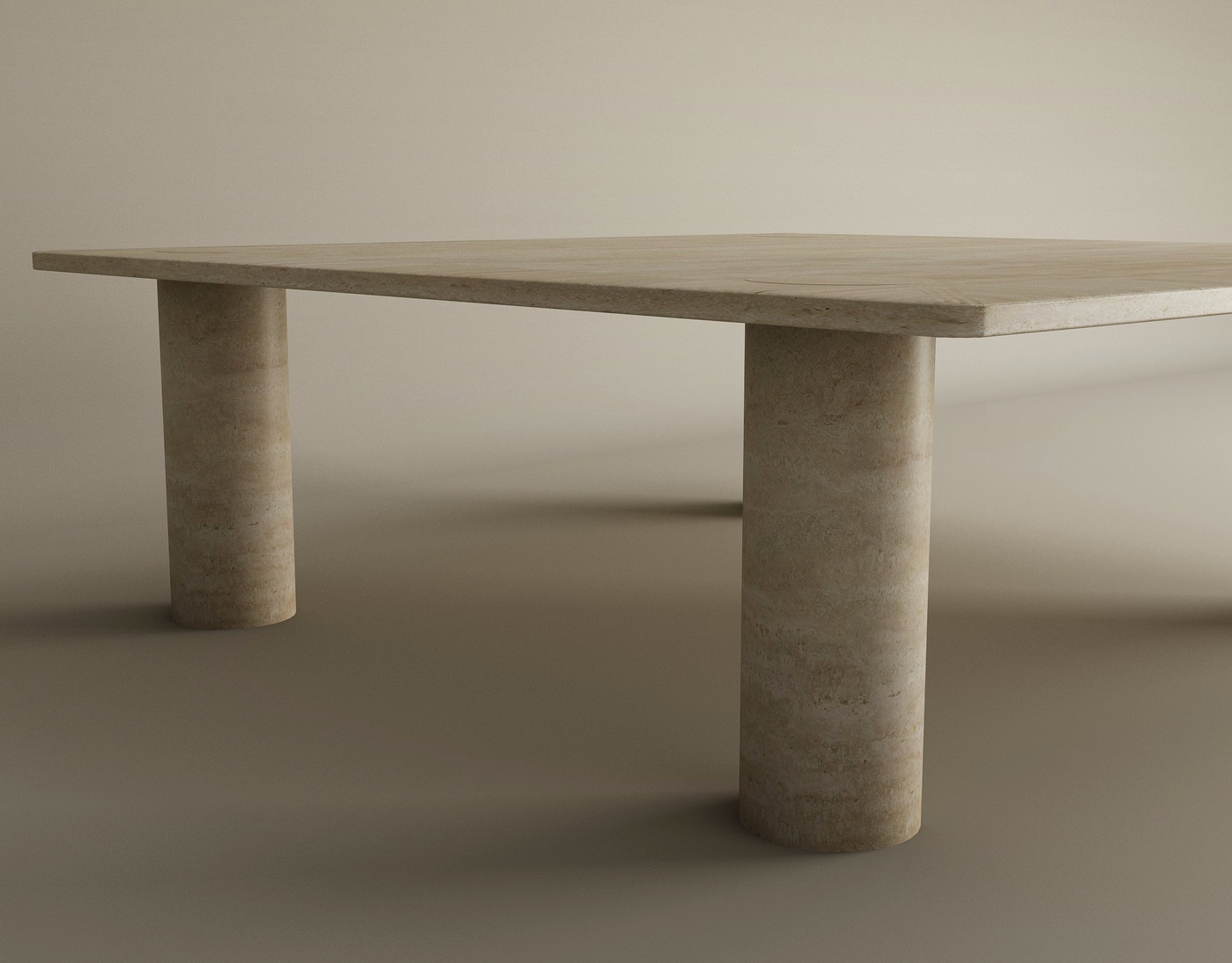 The TRAVERTABLE Square Travertine Coffee Table features a thick, flat pure travertine stone top and solid cylindrical base in light hues, offering a customizable minimalist design perfect for any setting.