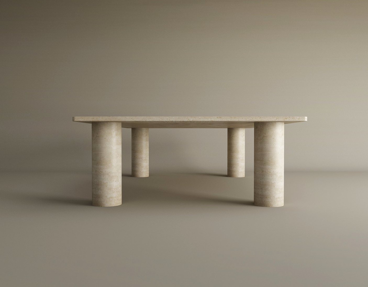 The TRAVERTABLE Square Travertine Coffee Table features a pure travertine stone top and a solid cylindrical base. This minimalist coffee table is customizable and displayed against a plain beige background.