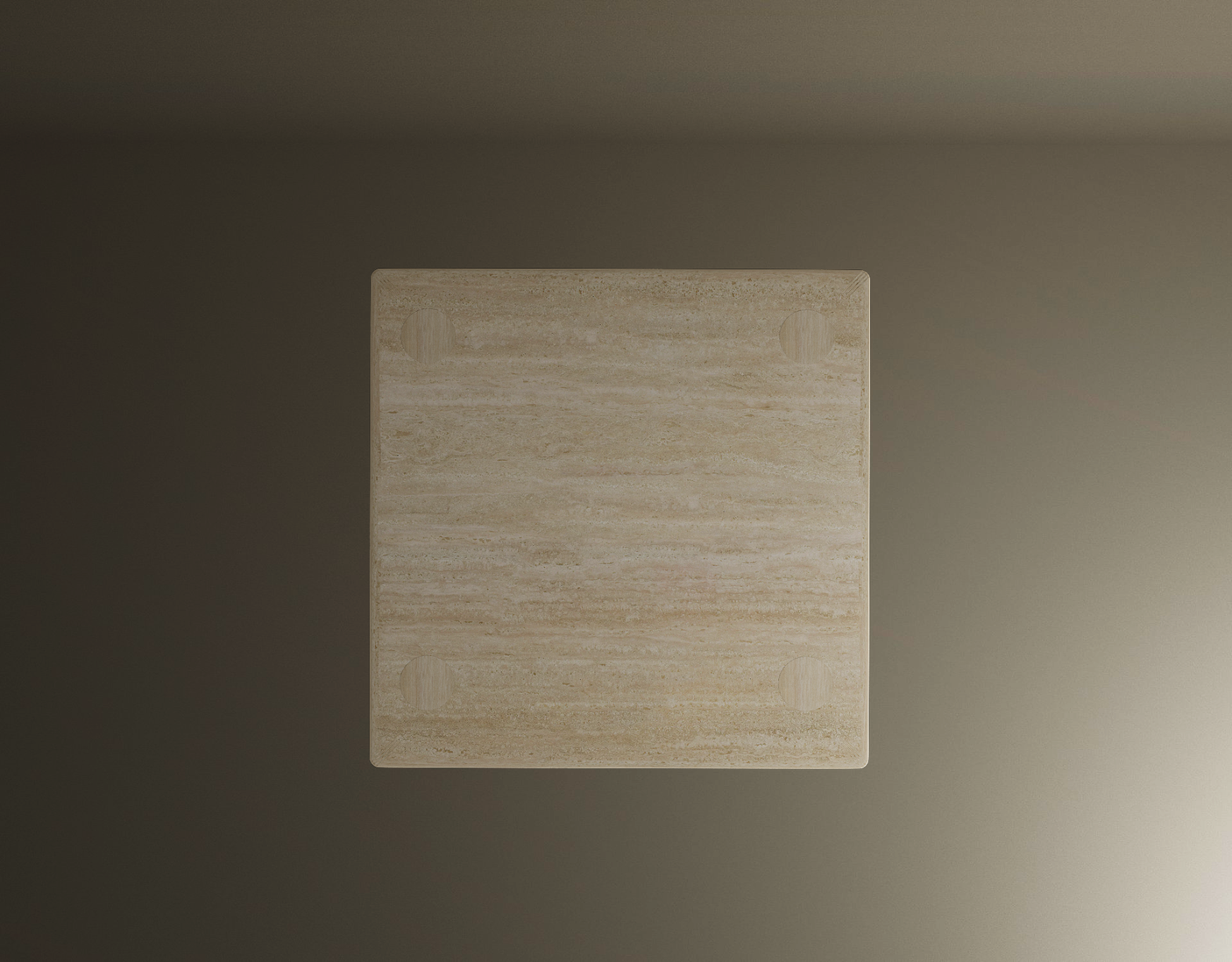 The TRAVERTABLE Square Travertine Coffee Table features a pure travertine stone top with subtle patterns, shown from above against a plain brown background, with four circular markings at each corner highlighting its elegant design.
